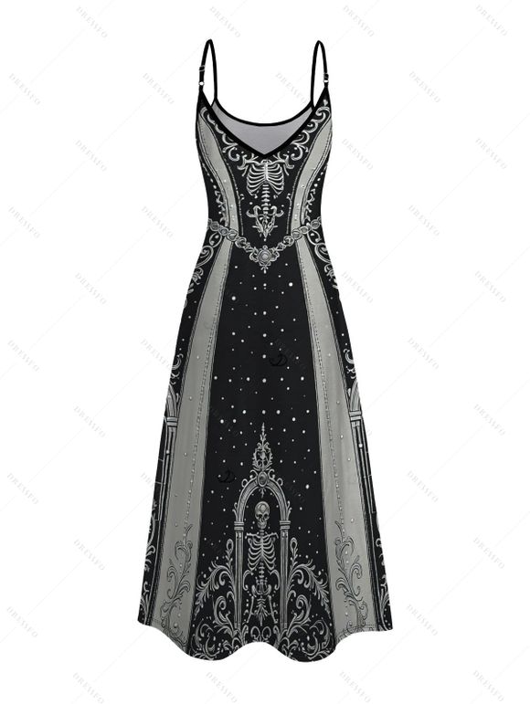 Halloween Gothic Party Dress Skeleton Skull Polka Dots Printed V Neck Pocket A Line Dress - Noir S | US 4