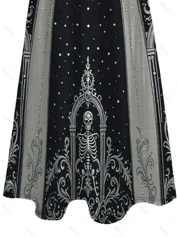 Halloween Gothic Party Dress Skeleton Skull Polka Dots Printed V Neck Pocket A Line Dress - Noir S | US 4