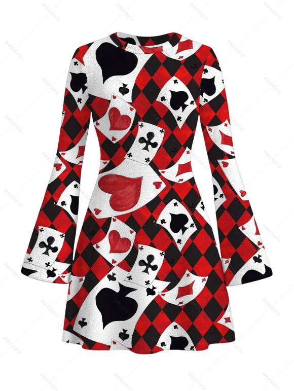 Vacation Dress Playing Cards Suit Argyle Print Bell Sleeve A Line Mini Dress - Rouge Vineux M | US 6