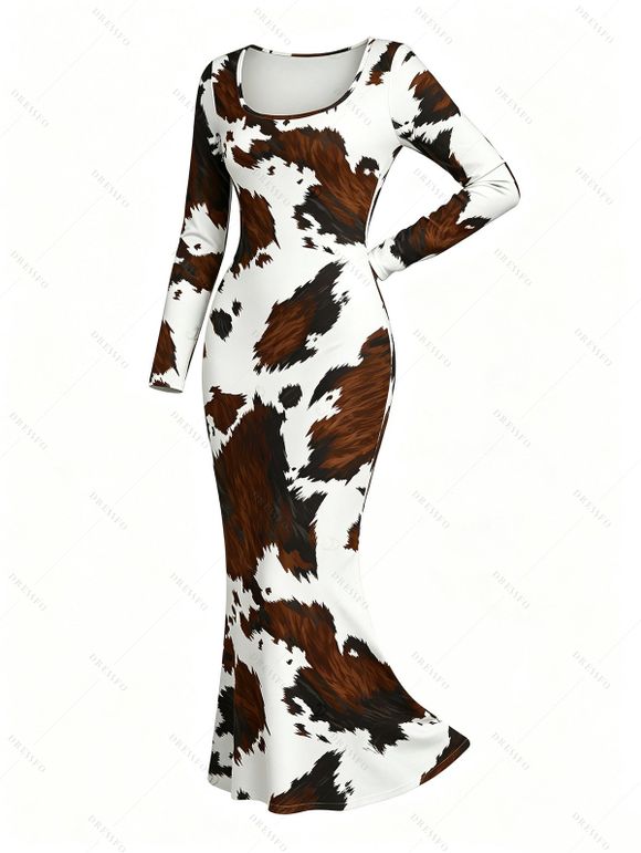 Vintage Dress Colorblock Cow Animal Print Scoop Neck Long Sleeve Bodycon Dress - Blanc M | US 6
