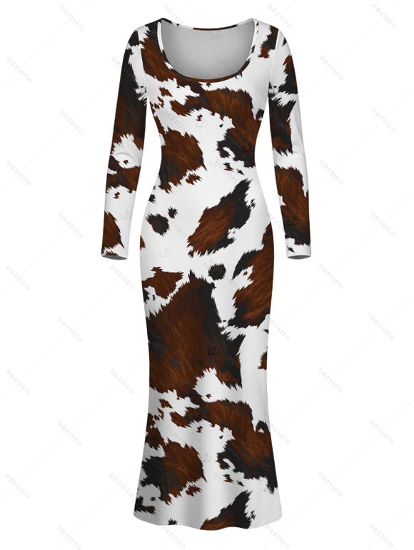 Vintage Dress Colorblock Cow Animal Print Scoop Neck Long Sleeve Bodycon Dress - Blanc M | US 6