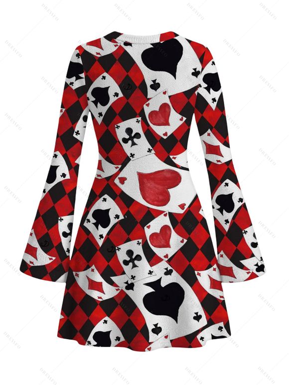 Vacation Dress Playing Cards Suit Argyle Print Bell Sleeve A Line Mini Dress - Rouge Vineux M | US 6