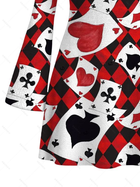 Vacation Dress Playing Cards Suit Argyle Print Bell Sleeve A Line Mini Dress - Rouge Vineux M | US 6