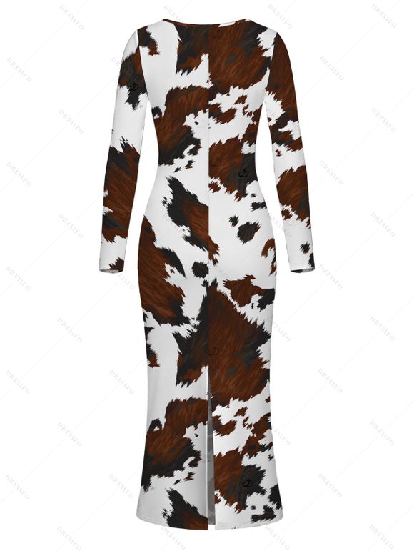 Vintage Dress Colorblock Cow Animal Print Scoop Neck Long Sleeve Bodycon Dress - Blanc M | US 6