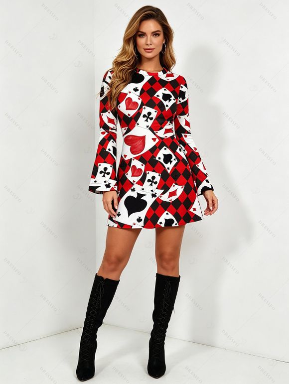 Vacation Dress Playing Cards Suit Argyle Print Bell Sleeve A Line Mini Dress - Rouge Vineux M | US 6