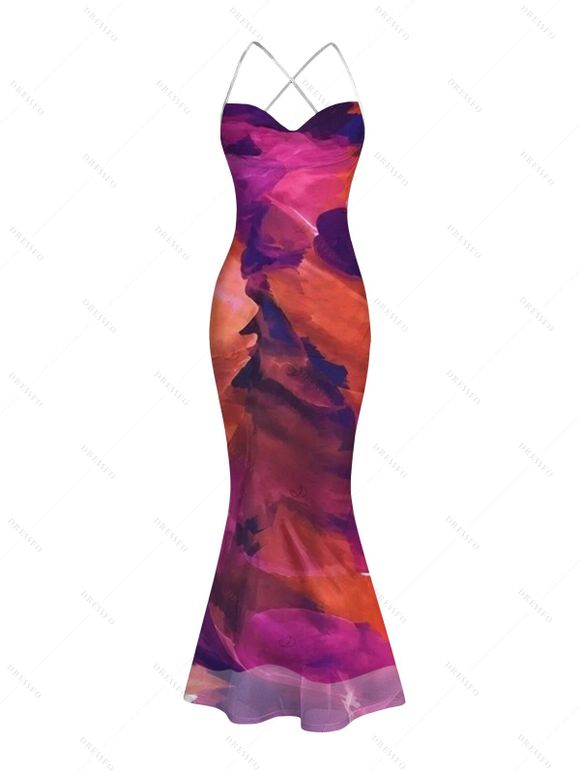 Vintage Party Dress Ink Painting Tie Dye Print Crisscross Mermaid Bodycon Dress - Concorde XXL | US 14