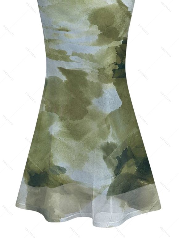 Vintage Party Dress Ink Painting Tie Dye Print Crisscross Mermaid Bodycon Dress - Vert Armée XL | US 12