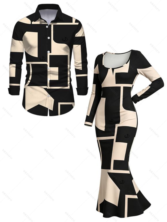 Commute Couple Outfit Colorblock Geometric Print Scoop Neck Bodycon Dress and Long Sleeve Shirt Set - Noir S | US 4