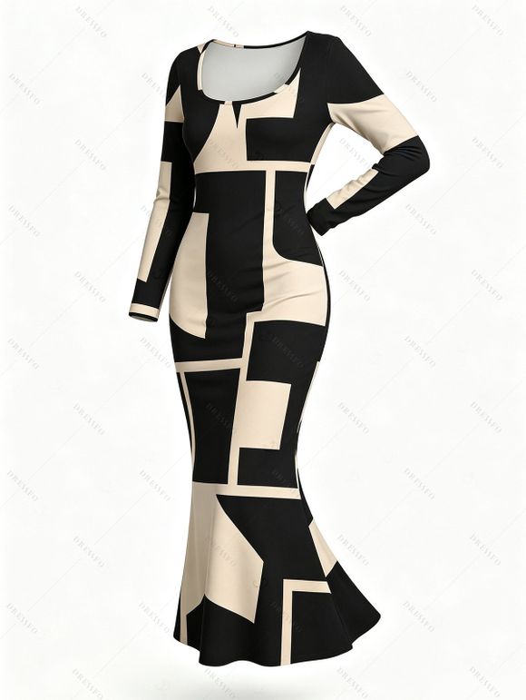 Commute Couple Outfit Colorblock Geometric Print Scoop Neck Bodycon Dress and Long Sleeve Shirt Set - Noir S | US 4