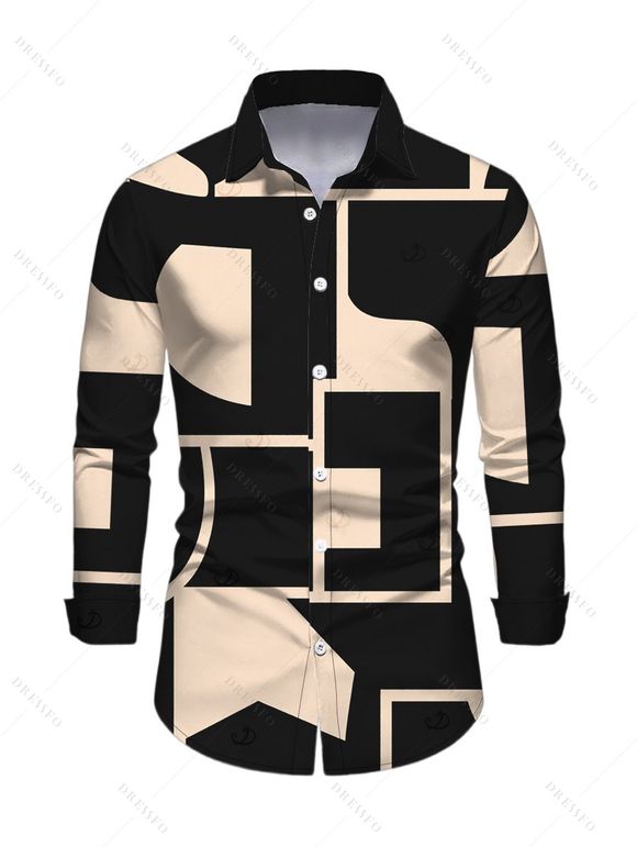 Commute Couple Outfit Colorblock Geometric Print Scoop Neck Bodycon Dress and Long Sleeve Shirt Set - Noir S | US 4