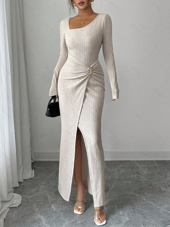 Elegant Dress Irregular Neckline Solid Color Knit Texture Metal Ring Long Sleeve Maxi Slit Dress - Abricot XXL | US 14