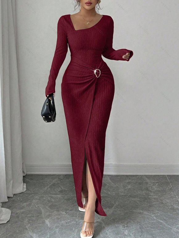 Elegant Dress Irregular Neckline Solid Color Knit Texture Metal Ring Long Sleeve Maxi Slit Dress - Rouge Vineux S | US 4
