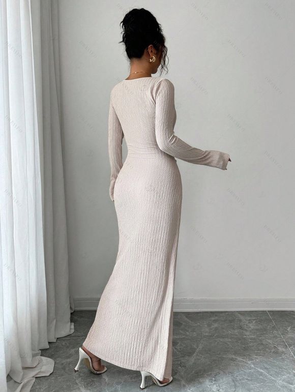 Elegant Dress Irregular Neckline Solid Color Knit Texture Metal Ring Long Sleeve Maxi Slit Dress - Abricot XXL | US 14