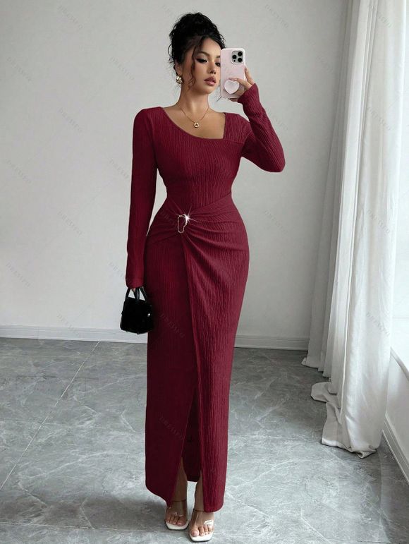 Elegant Dress Irregular Neckline Solid Color Knit Texture Metal Ring Long Sleeve Maxi Slit Dress - Rouge Vineux S | US 4