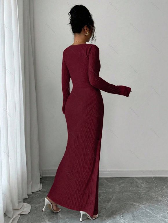 Elegant Dress Irregular Neckline Solid Color Knit Texture Metal Ring Long Sleeve Maxi Slit Dress - Rouge Vineux S | US 4