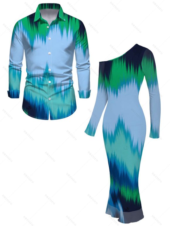 Vintage Couple Outfit Ombre Tie Dye Zig Zag Print Mesh Skew Neck Bodycon Dress and Long Sleeve Shirt Set - multicolor A S | US 4