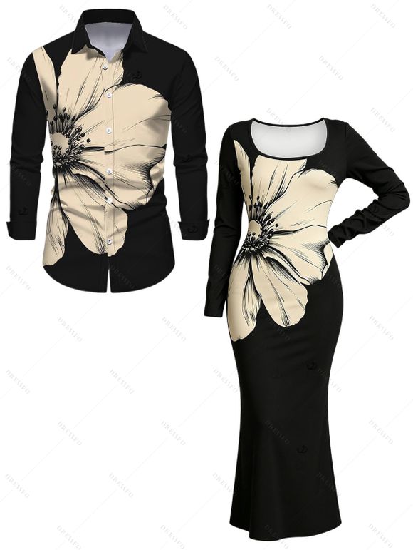 Daily Couple Outfit Sketch Floral Print Scoop Neck Bodycon Dress and Long Sleeve Shirt Set - Noir S | US 4
