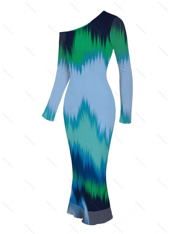 Vintage Couple Outfit Ombre Tie Dye Zig Zag Print Mesh Skew Neck Bodycon Dress and Long Sleeve Shirt Set - multicolor A S | US 4