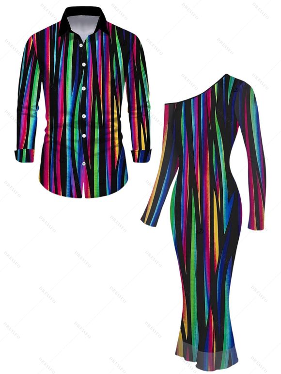 Vacation Couple Outfit Abstract Multicolor Striped Print Mesh Skew Neck Bodycon Dress and Long Sleeve Shirt Set - Noir S | US 4