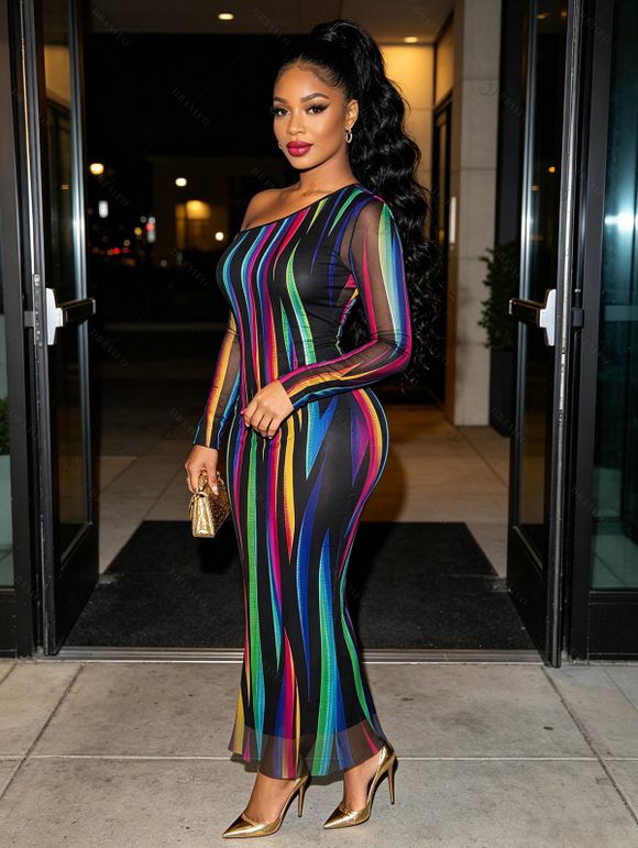 Vacation Couple Outfit Abstract Multicolor Striped Print Mesh Skew Neck Bodycon Dress and Long Sleeve Shirt Set - Noir S | US 4