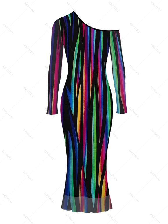 Vacation Couple Outfit Abstract Multicolor Striped Print Mesh Skew Neck Bodycon Dress and Long Sleeve Shirt Set - Noir S | US 4