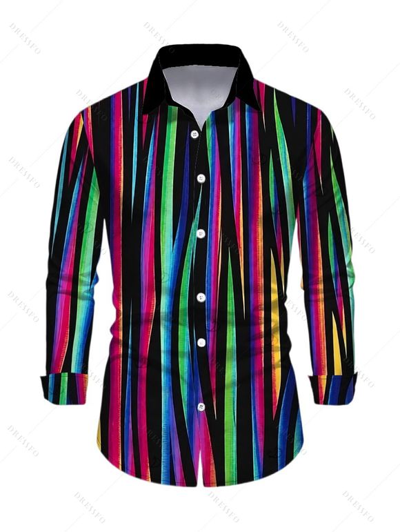 Vacation Couple Outfit Abstract Multicolor Striped Print Mesh Skew Neck Bodycon Dress and Long Sleeve Shirt Set - Noir S | US 4