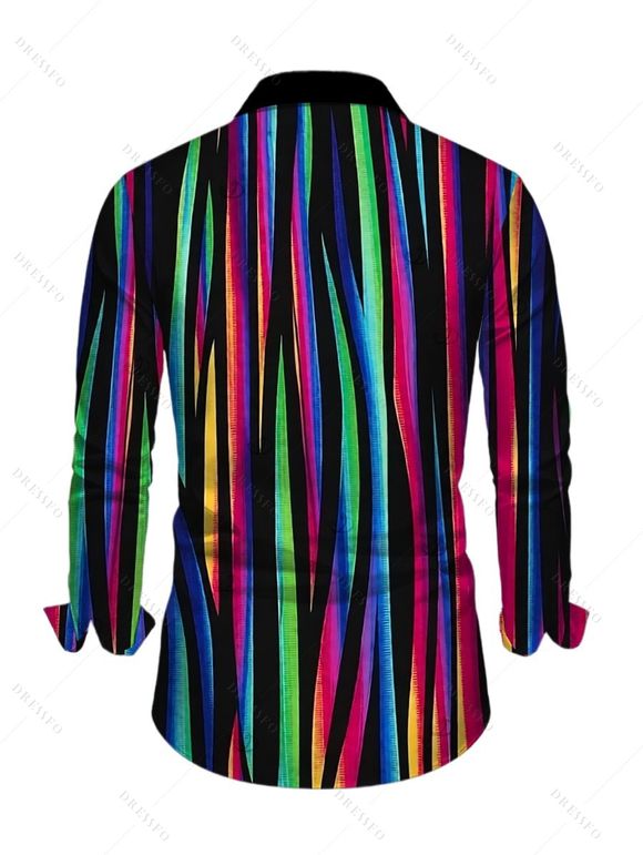 Vacation Couple Outfit Abstract Multicolor Striped Print Mesh Skew Neck Bodycon Dress and Long Sleeve Shirt Set - Noir S | US 4