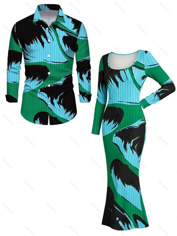 Vacation Couple Outfit Colorblock Abstract Palm Leaf Striped Print Scoop Neck Bodycon Dress and Long Sleeve Shirt Set - multicolor A S | US 4