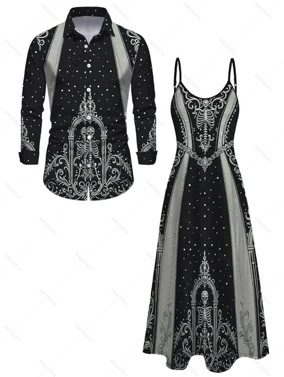 Halloween Gothic Couple Outfit Skeleton Skull Polka Dots Printed V Neck Pocket A Line Party Dress and Long Sleeve Shirt Set - Noir S | US 4
