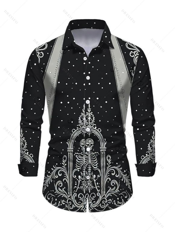 Halloween Gothic Couple Outfit Skeleton Skull Polka Dots Printed V Neck Pocket A Line Party Dress and Long Sleeve Shirt Set - Noir S | US 4