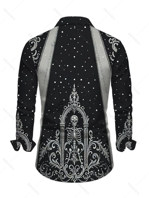 Halloween Gothic Couple Outfit Skeleton Skull Polka Dots Printed V Neck Pocket A Line Party Dress and Long Sleeve Shirt Set - Noir S | US 4
