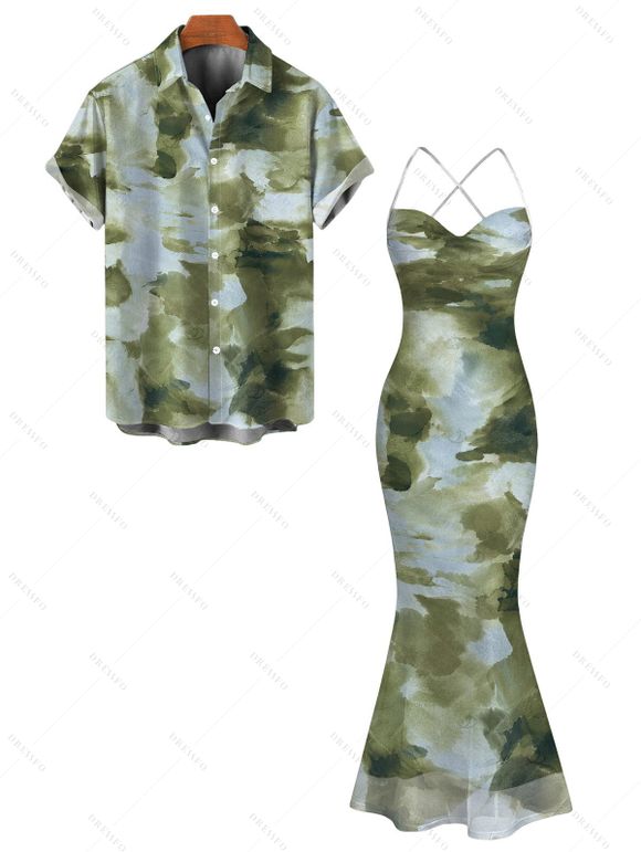 Vintage Couple Outfit Ink Painting Tie Dye Print Crisscross Mermaid Bodycon Dress and Long Sleeve Shirt Set - Vert Armée S | US 4