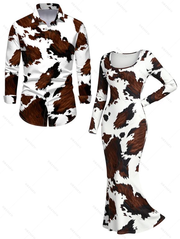Vintage Couple Outfit Colorblock Cow Animal Print Scoop Neck Bodycon Dress and Long Sleeve Shirt Set - Blanc S | US 4
