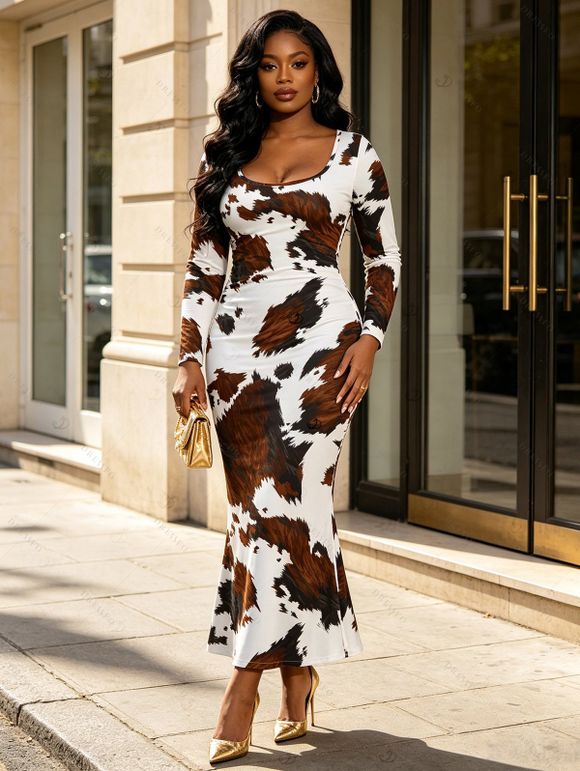 Vintage Couple Outfit Colorblock Cow Animal Print Scoop Neck Bodycon Dress and Long Sleeve Shirt Set - Blanc S | US 4
