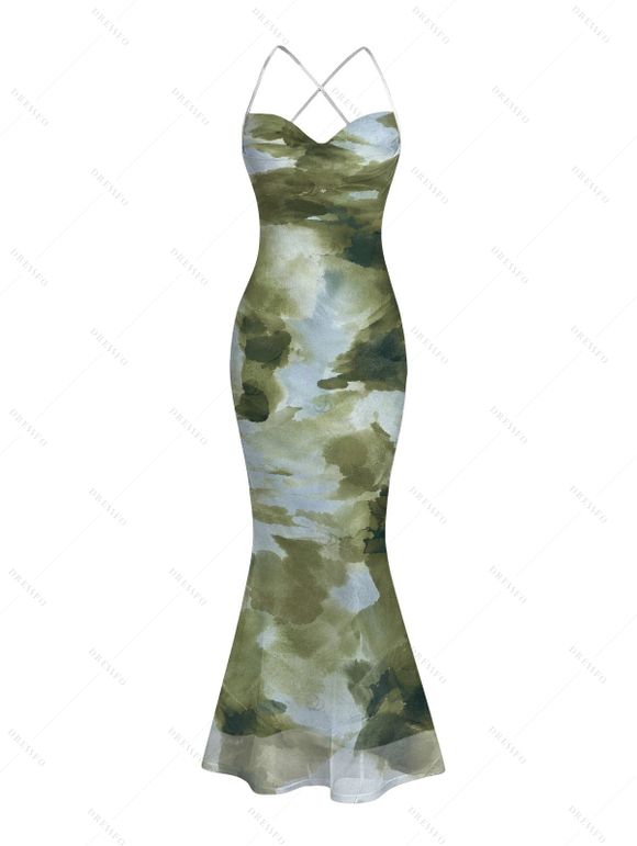 Vintage Couple Outfit Ink Painting Tie Dye Print Crisscross Mermaid Bodycon Dress and Long Sleeve Shirt Set - Vert Armée S | US 4