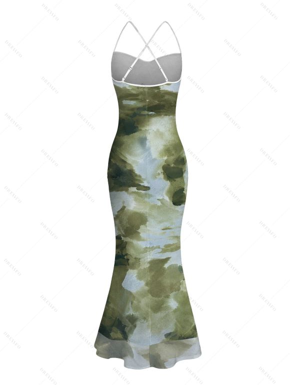 Vintage Couple Outfit Ink Painting Tie Dye Print Crisscross Mermaid Bodycon Dress and Long Sleeve Shirt Set - Vert Armée S | US 4
