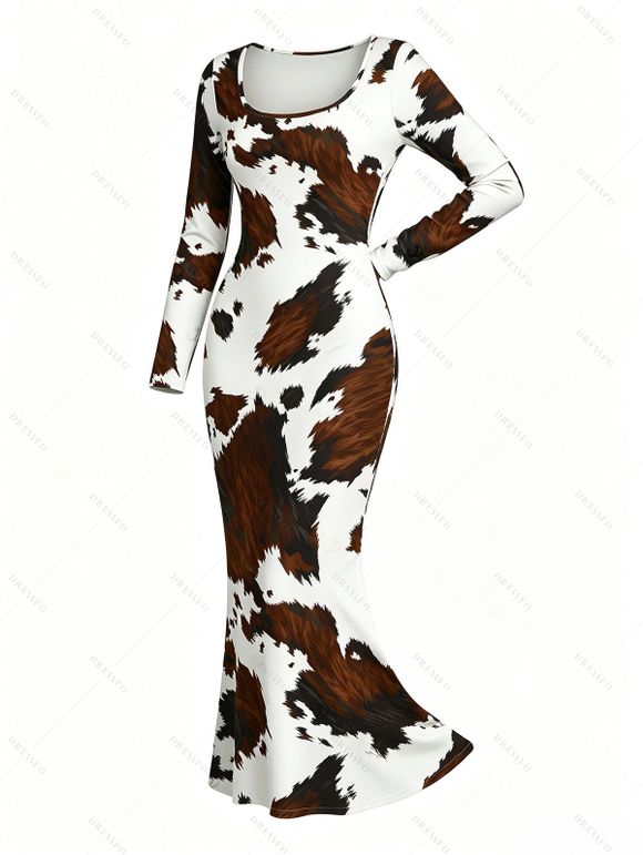 Vintage Couple Outfit Colorblock Cow Animal Print Scoop Neck Bodycon Dress and Long Sleeve Shirt Set - Blanc S | US 4