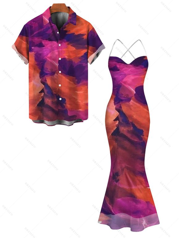Vintage Couple Outfit Ink Painting Tie Dye Print Crisscross Mermaid Bodycon Dress and Long Sleeve Shirt Set - Concorde S | US 4