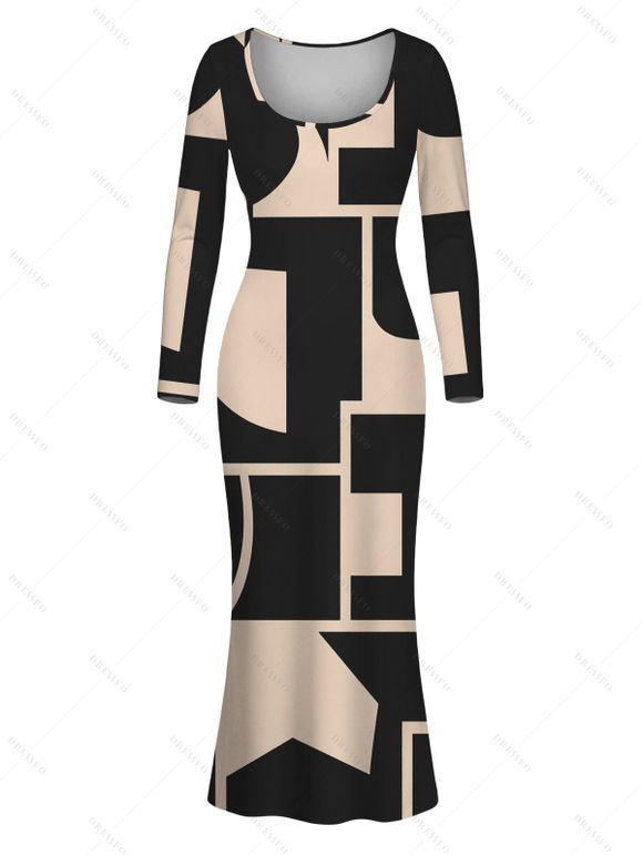 Commute Dress Colorblock Geometric Print Scoop Neck Long Sleeve Bodycon Dress - Noir XXL | US 14