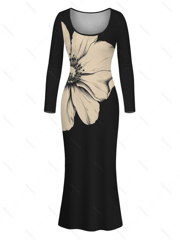 Elegant Dress Sketch Floral Print Scoop Neck Long Sleeve Bodycon Dress - Noir S | US 4