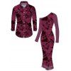 Vintage Couple Outfit Floral Leaf Print Mesh Skew Neck Bodycon Dress and Long Sleeve Shirt Set - BYZANTINE S | US 4