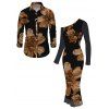 Vacation Couple Outfit Vintage Floral Print Mesh Skew Neck Bodycon Dress and Long Sleeve Shirt Set - Noir S | US 4