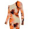 Vacation Dress Abstract Tie Dye Print Mesh Skew Neck Long Sleeve Bodycon Dress - Orange XXL | US 14
