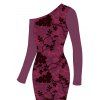 Vintage Dress Floral Leaf Print Mesh Skew Neck Long Sleeve Bodycon Dress - BYZANTINE XXL | US 14