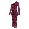 Vintage Dress Floral Leaf Print Mesh Skew Neck Long Sleeve Bodycon Dress - BYZANTINE XXL | US 14