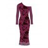 Vintage Dress Floral Leaf Print Mesh Skew Neck Long Sleeve Bodycon Dress - BYZANTINE XXL | US 14