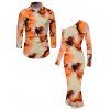Vacation Couple Outfit Abstract Tie Dye Print Mesh Skew Neck Bodycon Dress and Long Sleeve Shirt Set - Orange S | US 4