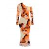 Vacation Couple Outfit Abstract Tie Dye Print Mesh Skew Neck Bodycon Dress and Long Sleeve Shirt Set - Orange S | US 4