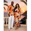 Vacation Couple Outfit Abstract Tie Dye Print Mesh Skew Neck Bodycon Dress and Long Sleeve Shirt Set - Orange S | US 4