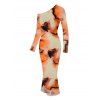Vacation Couple Outfit Abstract Tie Dye Print Mesh Skew Neck Bodycon Dress and Long Sleeve Shirt Set - Orange S | US 4